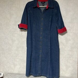 Vtg Denim 3/4 sleeve button up dress/duster size medium red corduroy cuffs